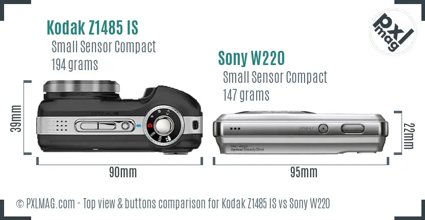 Kodak Z1485 IS vs Sony W220 top view buttons comparison Kodak Z1485 IS vs Sony W220 top view buttons comparison