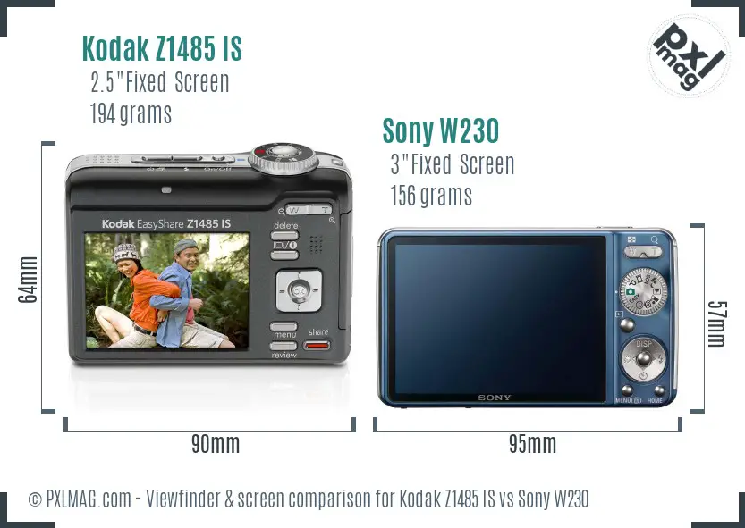 Kodak Z1485 IS vs Sony W230 Screen and Viewfinder comparison Kodak Z1485 IS vs Sony W230 Screen and Viewfinder comparison