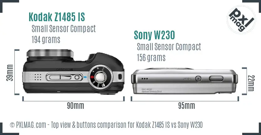 Kodak Z1485 IS vs Sony W230 top view buttons comparison Kodak Z1485 IS vs Sony W230 top view buttons comparison