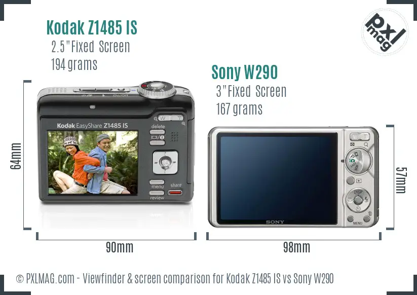 Kodak Z1485 IS vs Sony W290 Screen and Viewfinder comparison