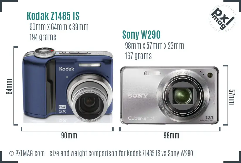 Kodak Z1485 IS vs Sony W290 size comparison