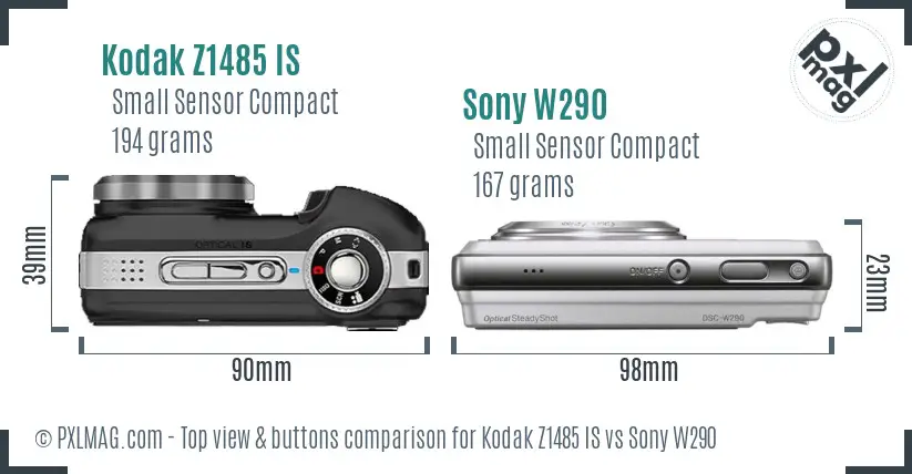 Kodak Z1485 IS vs Sony W290 top view buttons comparison