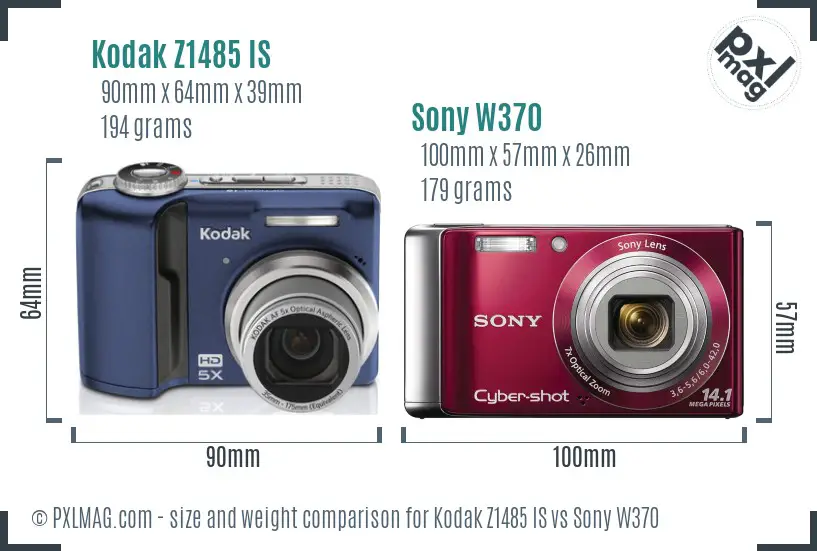 Kodak Z1485 IS vs Sony W370 size comparison
