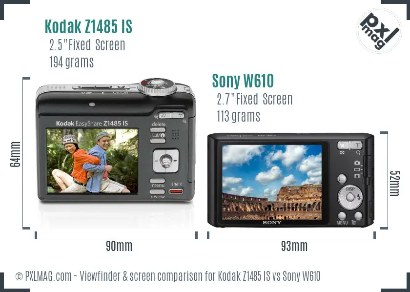 Kodak Z1485 IS vs Sony W610 Screen and Viewfinder comparison