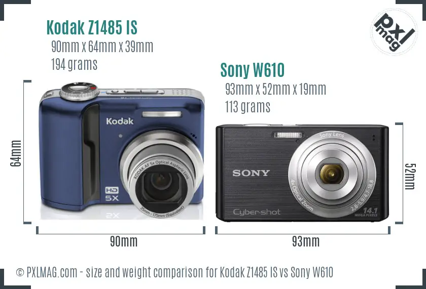 Kodak Z1485 IS vs Sony W610 size comparison