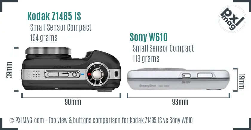 Kodak Z1485 IS vs Sony W610 top view buttons comparison