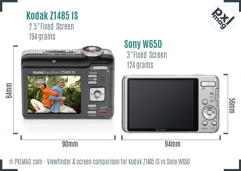 Kodak Z1485 IS vs Sony W650 Screen and Viewfinder comparison
