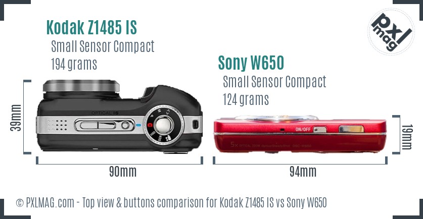 Kodak Z1485 IS vs Sony W650 top view buttons comparison