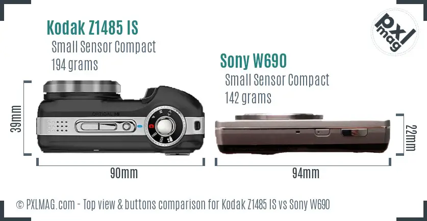 Kodak Z1485 IS vs Sony W690 top view buttons comparison Kodak Z1485 IS vs Sony W690 top view buttons comparison