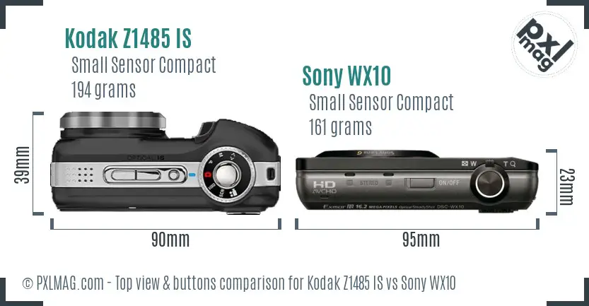 Kodak Z1485 IS vs Sony WX10 top view buttons comparison Kodak Z1485 IS vs Sony WX10 top view buttons comparison