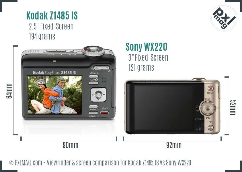Kodak Z1485 IS vs Sony WX220 Screen and Viewfinder comparison