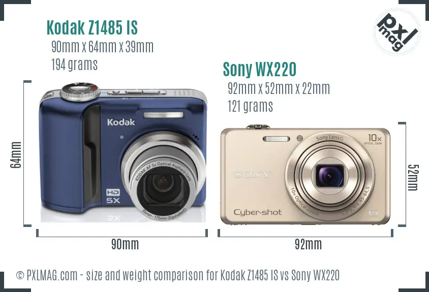 Kodak Z1485 IS vs Sony WX220 size comparison