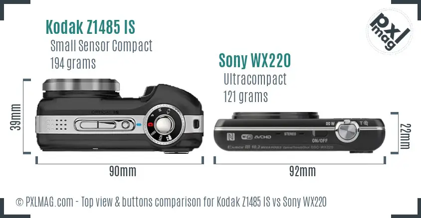 Kodak Z1485 IS vs Sony WX220 top view buttons comparison