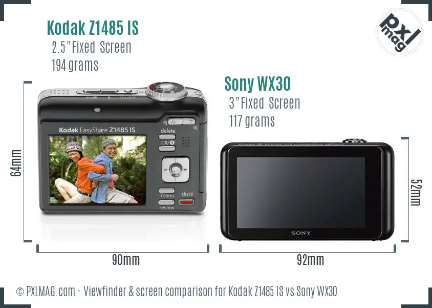 Kodak Z1485 IS vs Sony WX30 Screen and Viewfinder comparison