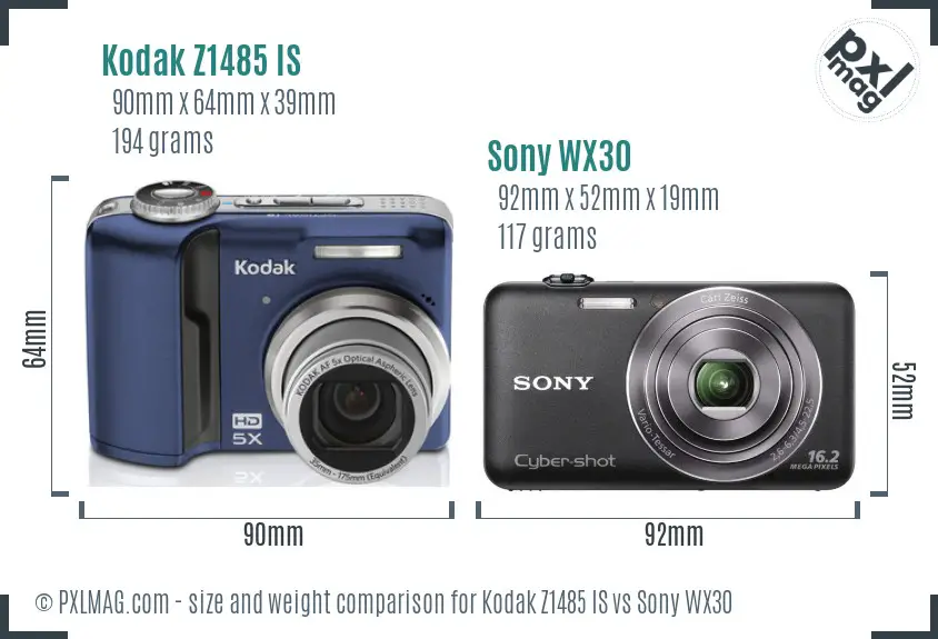 Kodak Z1485 IS vs Sony WX30 size comparison