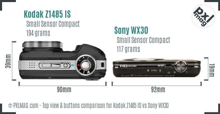 Kodak Z1485 IS vs Sony WX30 top view buttons comparison