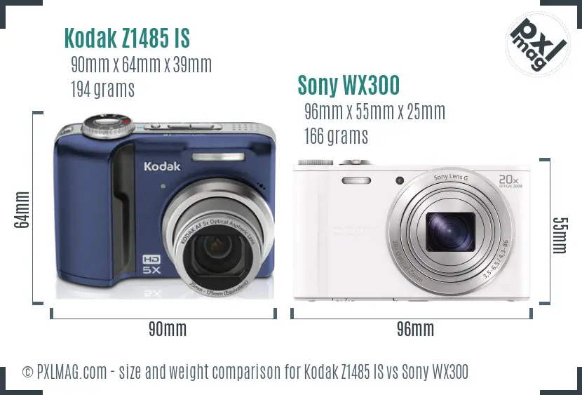 Kodak Z1485 IS vs Sony WX300 size comparison