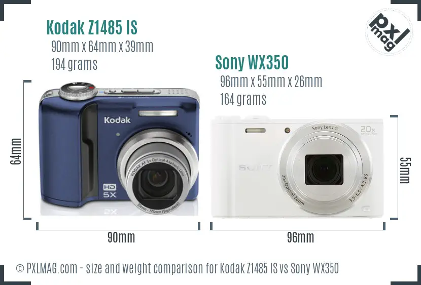 Kodak Z1485 IS vs Sony WX350 size comparison