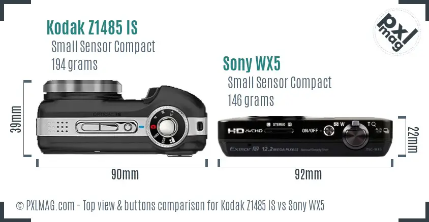 Kodak Z1485 IS vs Sony WX5 top view buttons comparison