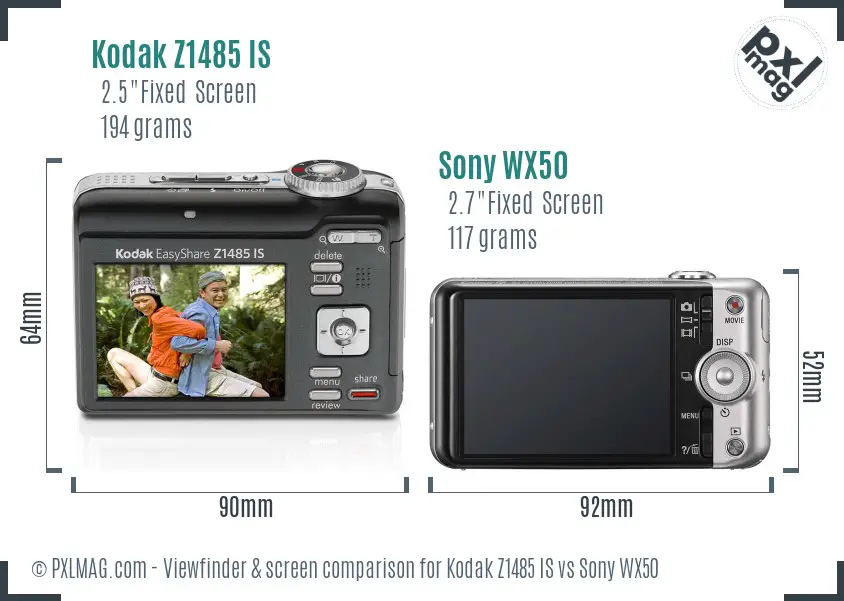 Kodak Z1485 IS vs Sony WX50 Screen and Viewfinder comparison