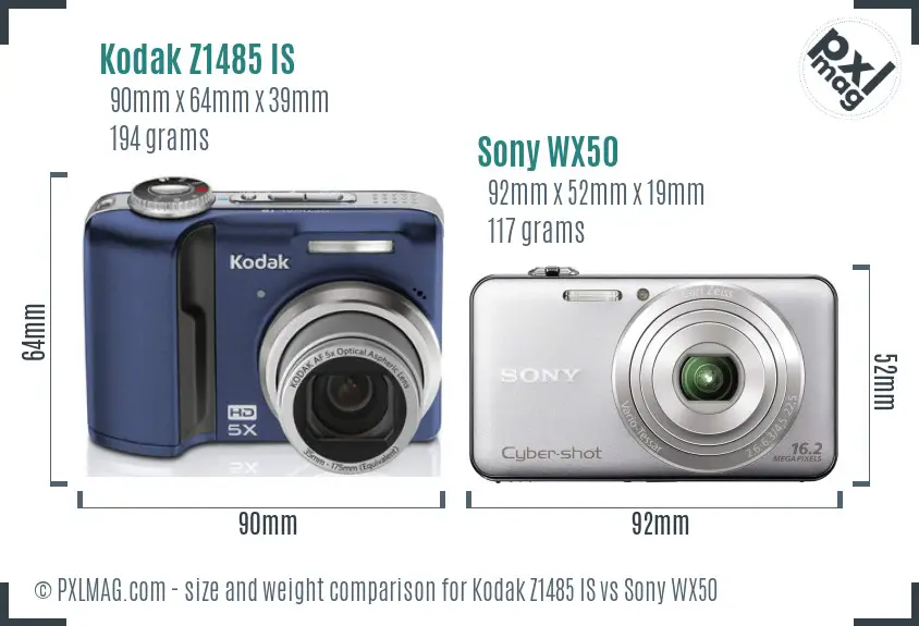 Kodak Z1485 IS vs Sony WX50 size comparison