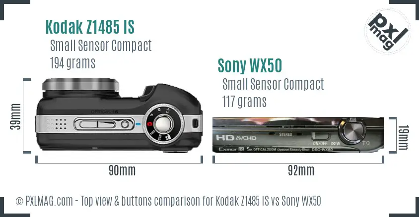 Kodak Z1485 IS vs Sony WX50 top view buttons comparison