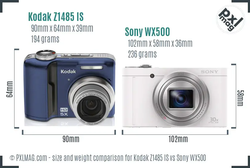 Kodak Z1485 IS vs Sony WX500 size comparison