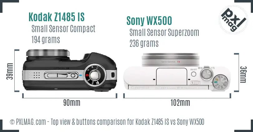 Kodak Z1485 IS vs Sony WX500 top view buttons comparison