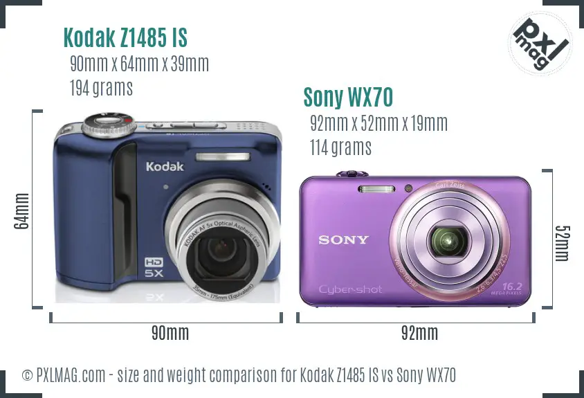 Kodak Z1485 IS vs Sony WX70 size comparison