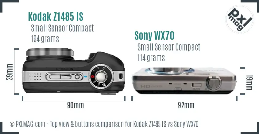 Kodak Z1485 IS vs Sony WX70 top view buttons comparison