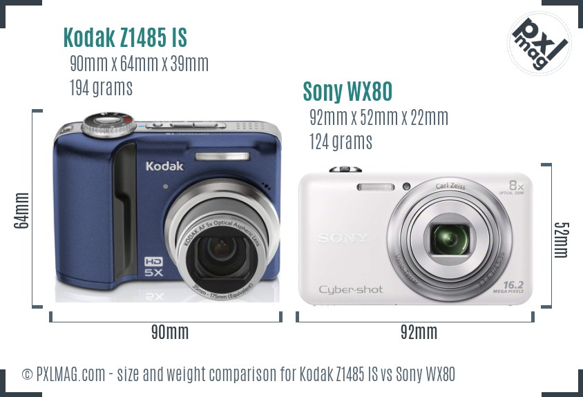 Kodak Z1485 IS vs Sony WX80 size comparison