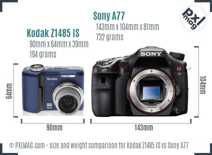 Kodak Z1485 IS vs Sony A77 size comparison