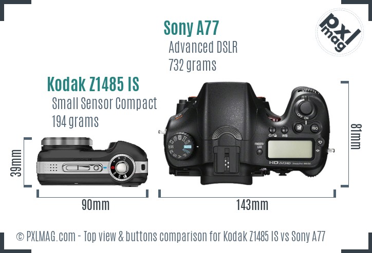 Kodak Z1485 IS vs Sony A77 top view buttons comparison