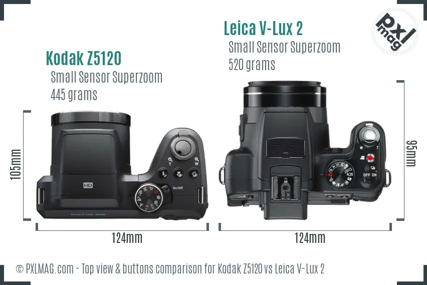 Kodak Z5120 vs Leica V-Lux 2 top view buttons comparison Kodak Z5120 vs Leica V-Lux 2 top view buttons comparison