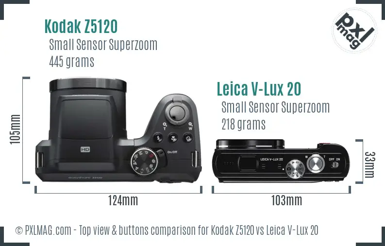 Kodak Z5120 vs Leica V-Lux 20 top view buttons comparison Kodak Z5120 vs Leica V-Lux 20 top view buttons comparison