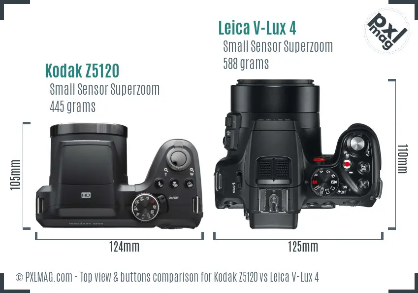 Kodak Z5120 vs Leica V-Lux 4 top view buttons comparison