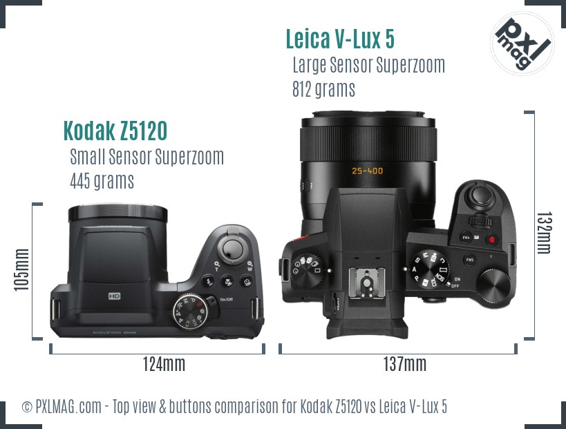 Kodak Z5120 vs Leica V-Lux 5 top view buttons comparison