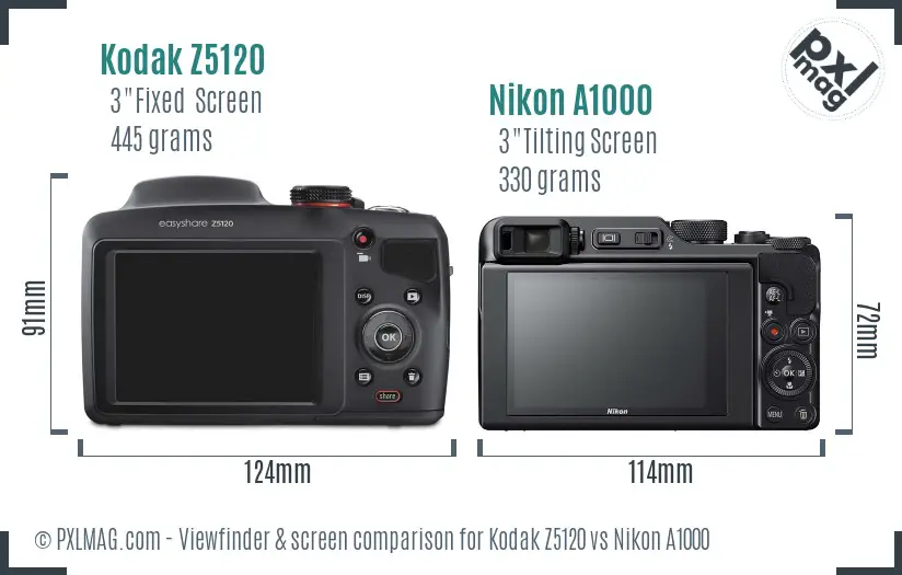 Kodak Z5120 vs Nikon A1000 Screen and Viewfinder comparison