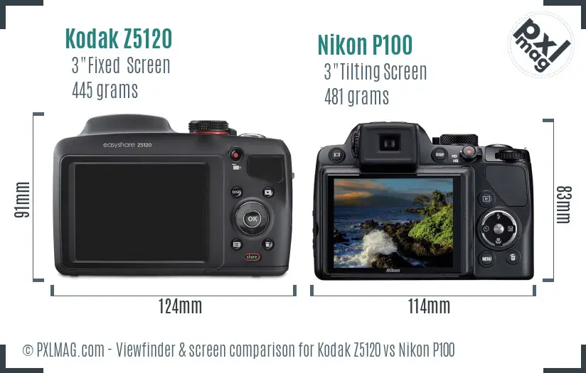 Kodak Z5120 vs Nikon P100 Screen and Viewfinder comparison