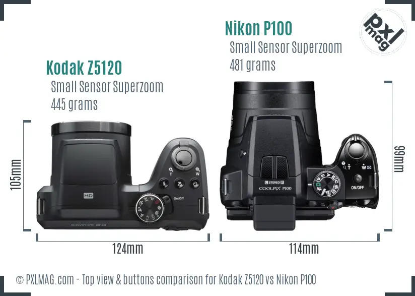 Kodak Z5120 vs Nikon P100 top view buttons comparison