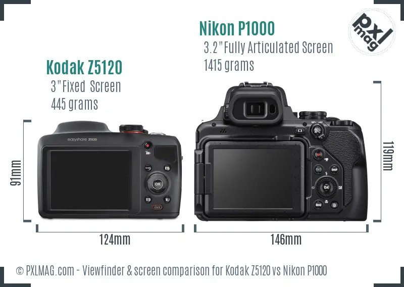 Kodak Z5120 vs Nikon P1000 Screen and Viewfinder comparison