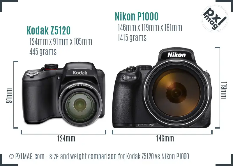 Kodak Z5120 vs Nikon P1000 size comparison