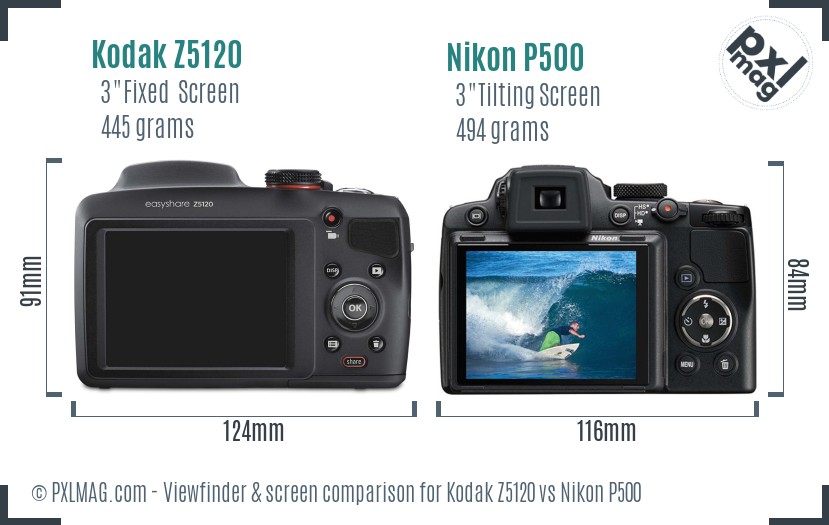 Kodak Z5120 vs Nikon P500 Screen and Viewfinder comparison