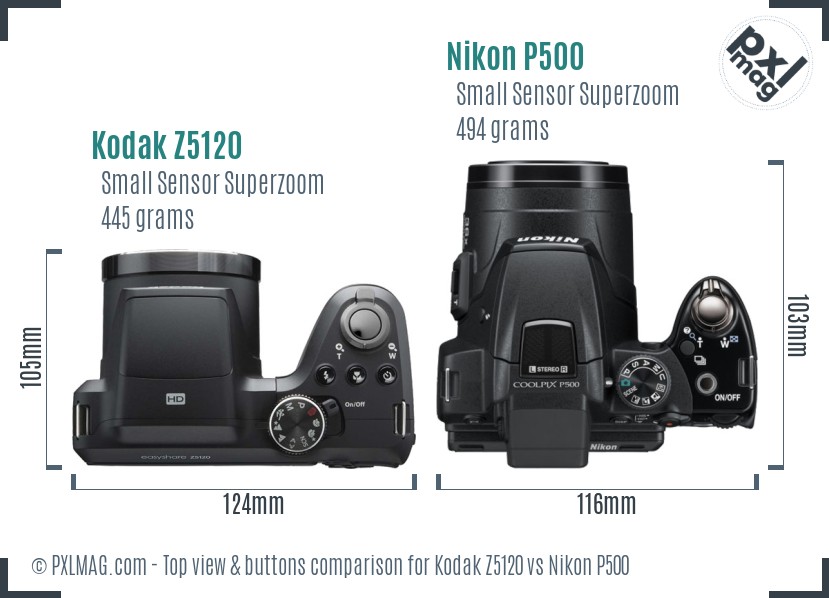 Kodak Z5120 vs Nikon P500 top view buttons comparison