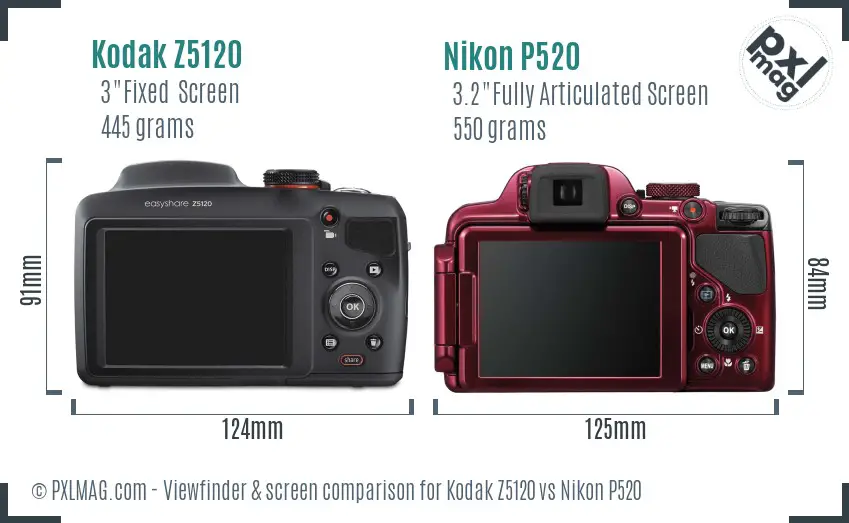 Kodak Z5120 vs Nikon P520 Screen and Viewfinder comparison