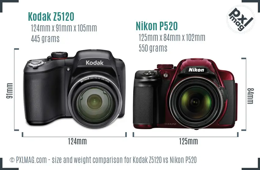 Kodak Z5120 vs Nikon P520 size comparison