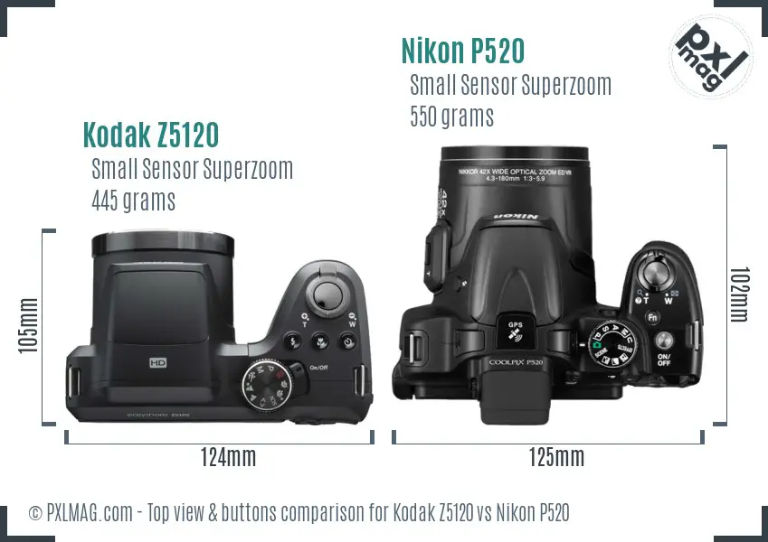 Kodak Z5120 vs Nikon P520 top view buttons comparison