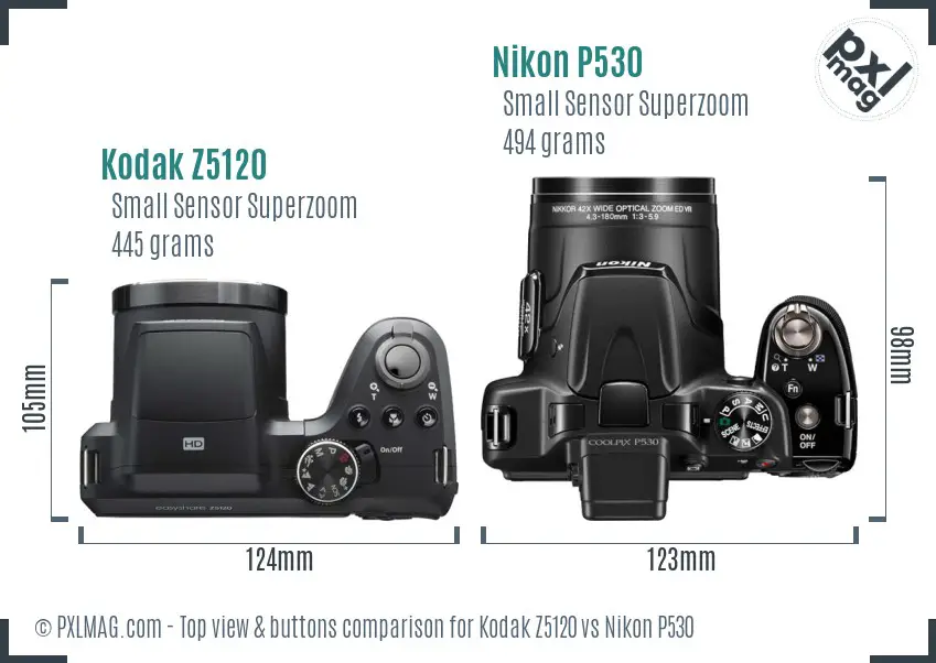 Kodak Z5120 vs Nikon P530 top view buttons comparison