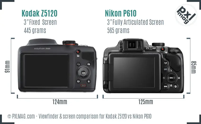 Kodak Z5120 vs Nikon P610 Screen and Viewfinder comparison