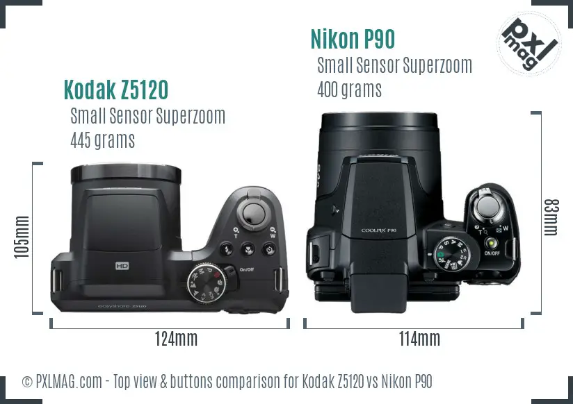 Kodak Z5120 vs Nikon P90 top view buttons comparison